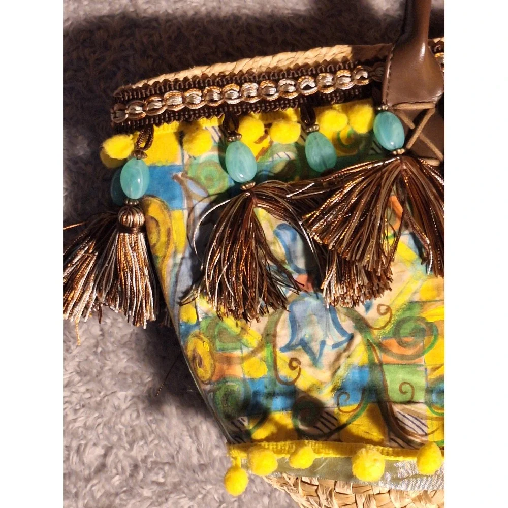 Sicilian Coffa Straw Tote Bag Sun Face Tassels PomPom Beach Vacation Handmade - Picture 3 of 11